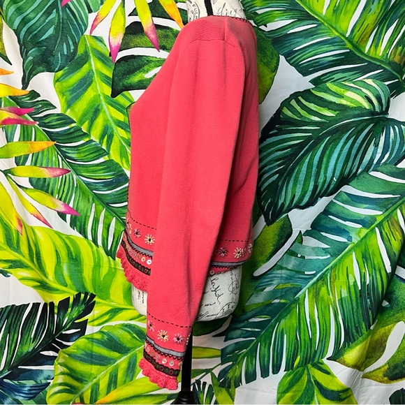 Icelandic Design M Coral Pink Red Floral Embroidered Sequin Full Zip Cardigan - Picture 6 of 13